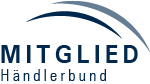 Dunkelblaues Händlerbund Logo mit zwei gebogenen Linien und dem Wort Mitglied
